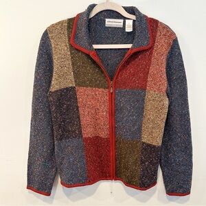 Alfred Dunner Multicolor Patchwork Zip-Up Sweater | Size Petite Medium